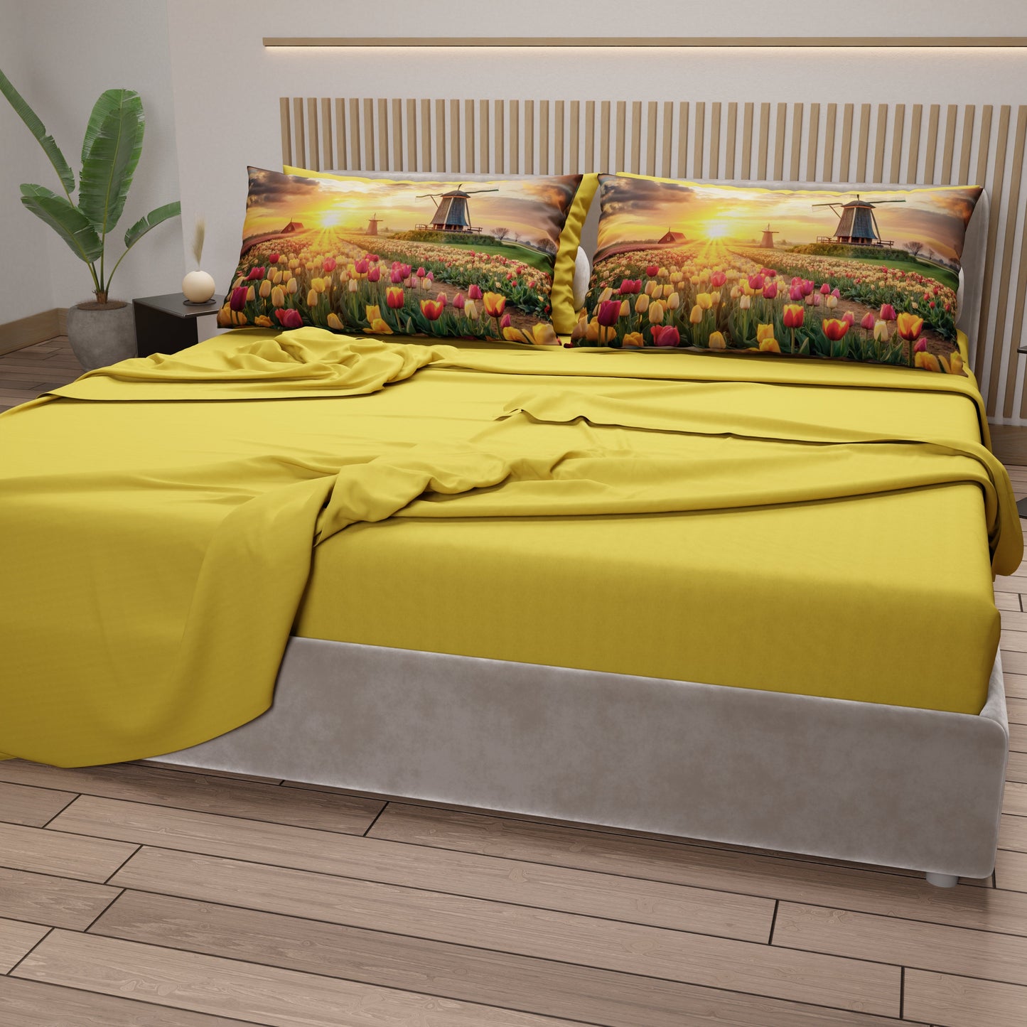 Lenzuola in Cotone, Completo Letto con Federe in Stampa Digitale Olanda02 Giallo