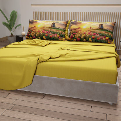Lenzuola in Cotone, Completo Letto con Federe in Stampa Digitale Olanda02 Giallo